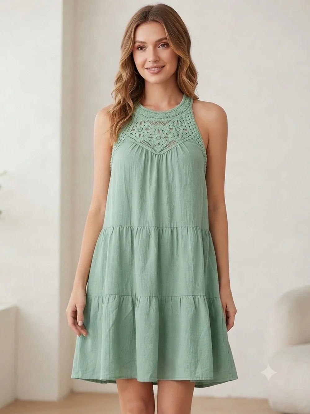 BTFBM Sage Green Crochet Halter Tiered Babydoll Dress Size M